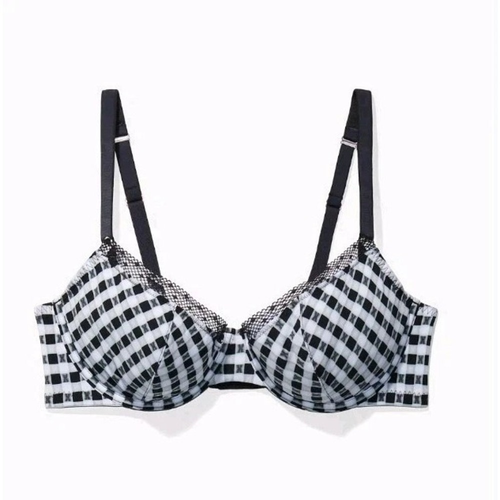 NWT Savage‎ X Fenty Size 36B Gingham Remix Unlined Plunge Bra Black White Lace